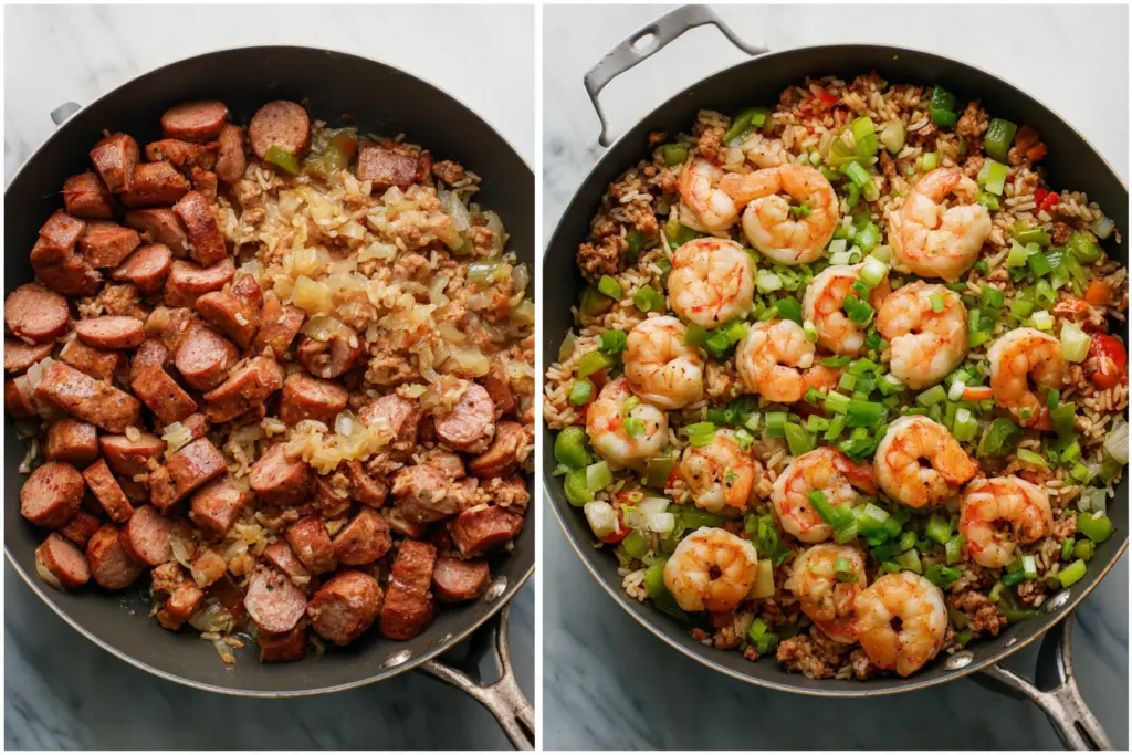 cooking dirty rice with shrimp and sausage in skillet