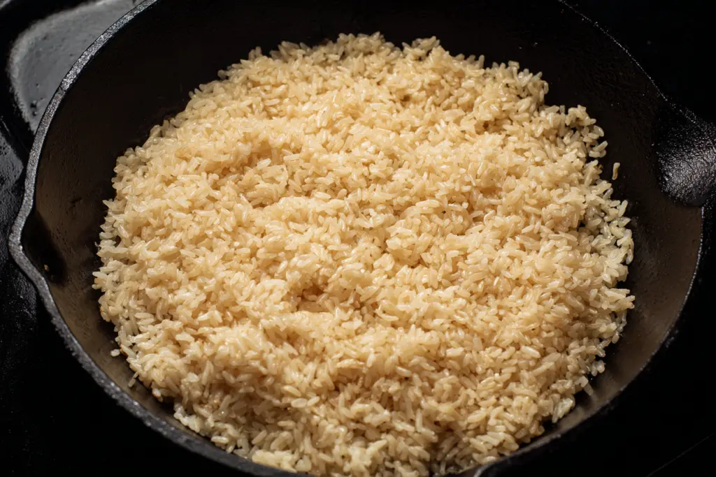 Chicken Crispy Rice Salad with Homemade Peanut Dressing 5 Crispy rice cooking in skillet for Chicken Crispy Rice Salad