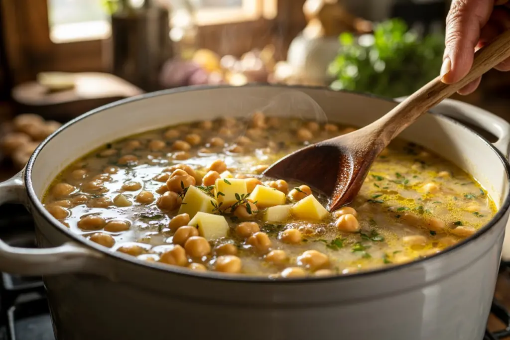 cooking garlic chickpea soup in pot