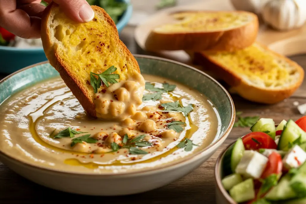garlic chickpea soup served with toasted bread
