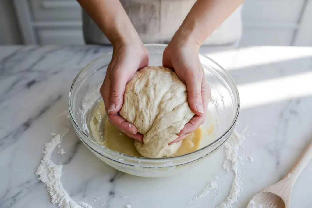 Sweet Filled Sourdough Buns Recipe 5 sourdough buns dough mixing
