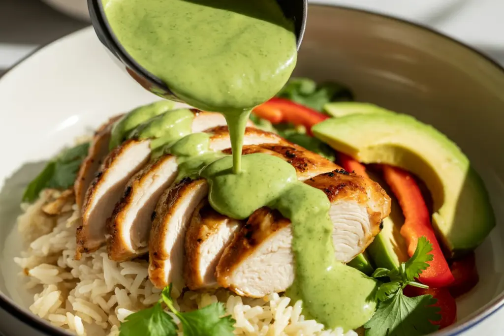 lime cilantro garlic sauce served on chicken rice bowl