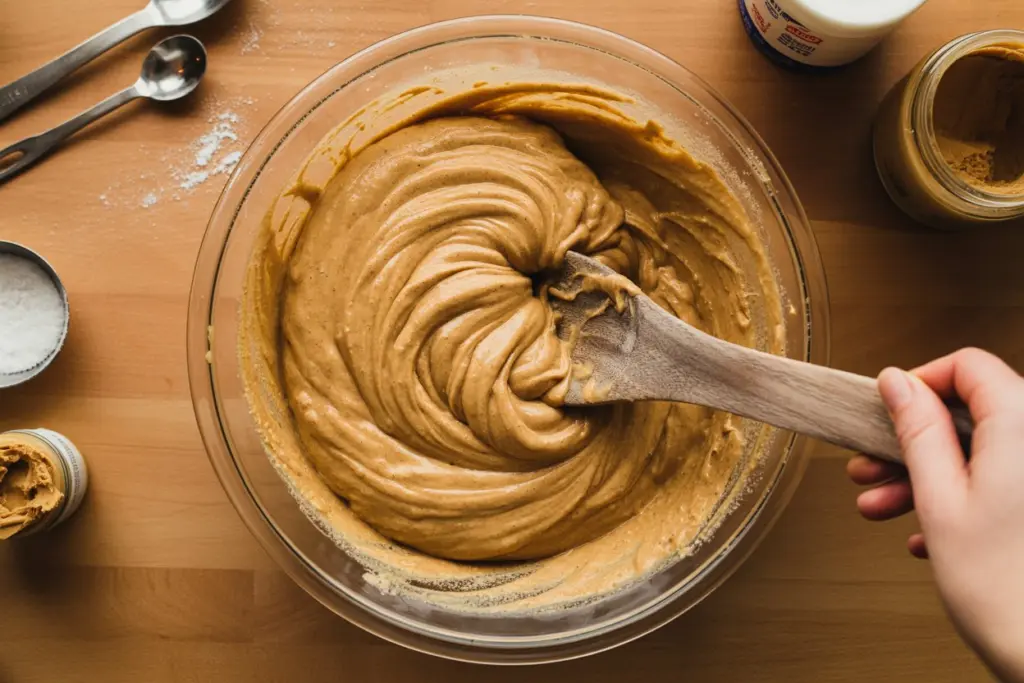 mixing batter for sourdough peanut butter squares