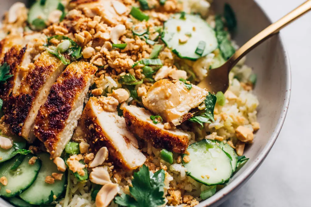 Chicken Crispy Rice Salad with Homemade Peanut Dressing 9 Serving Chicken Crispy Rice Salad with peanut dressing