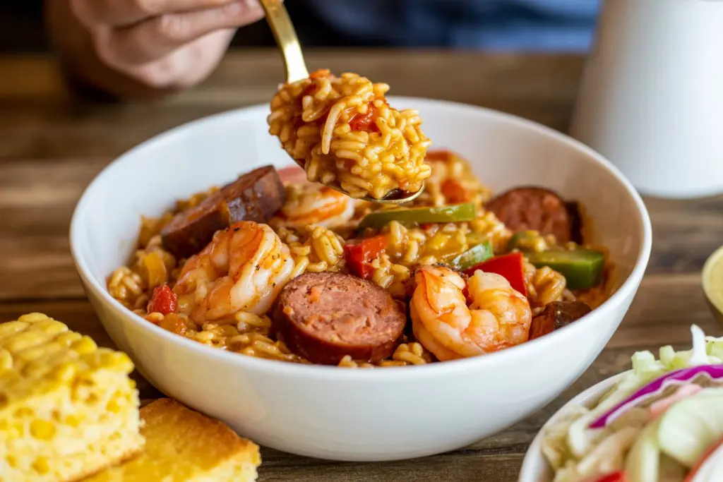 serving dirty rice with shrimp and sausage
