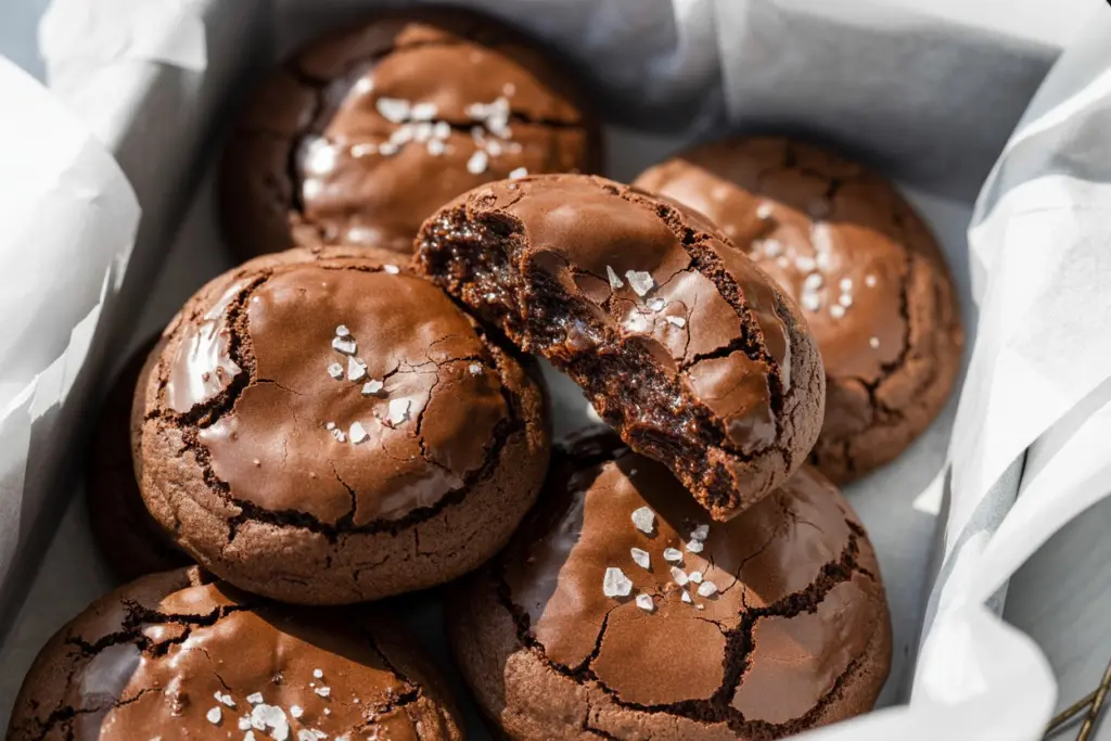 sourdough brownie cookies baked on tray