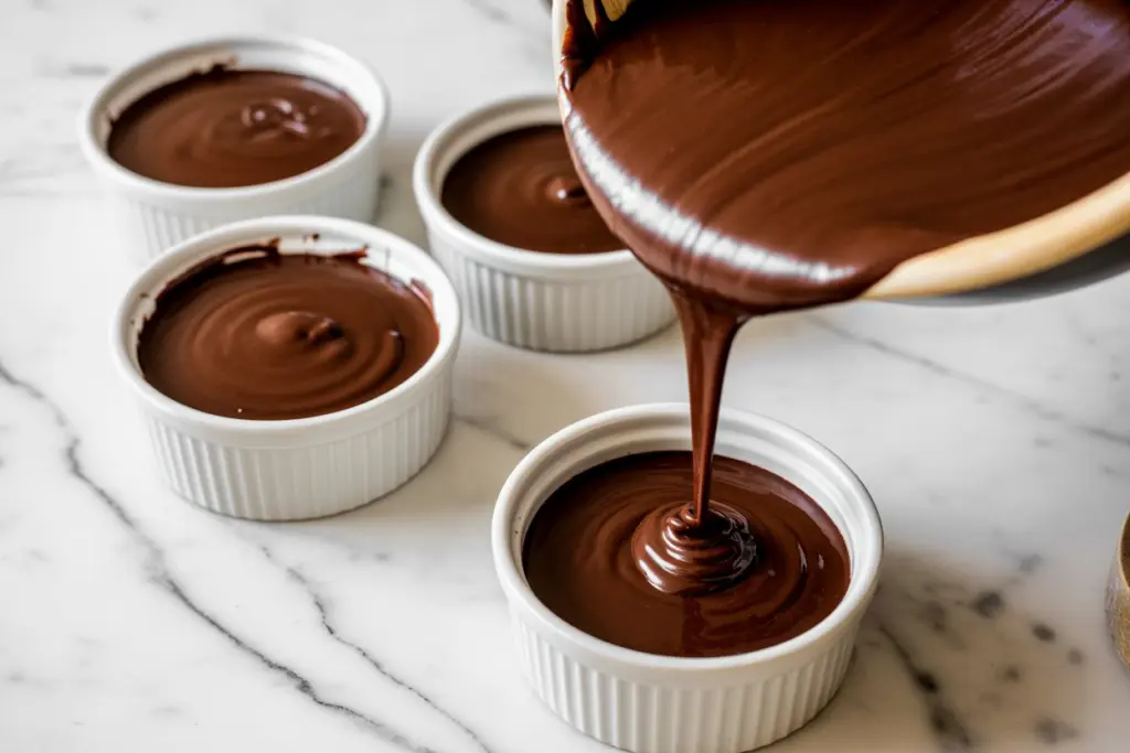 pouring batter into ramekins for lava cakes