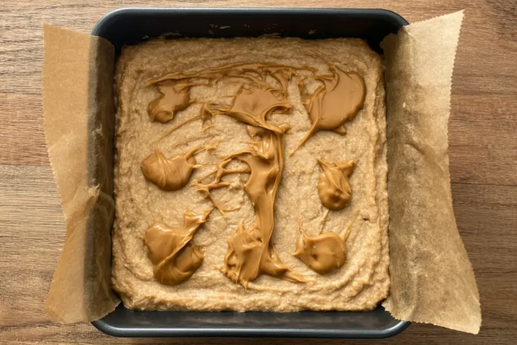sourdough peanut butter squares batter in baking pan