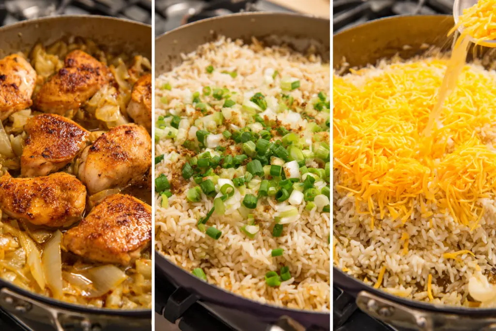 One-Pan Chicken and Rice 5 adding rice and broth and cheese to chicken and rice skillet