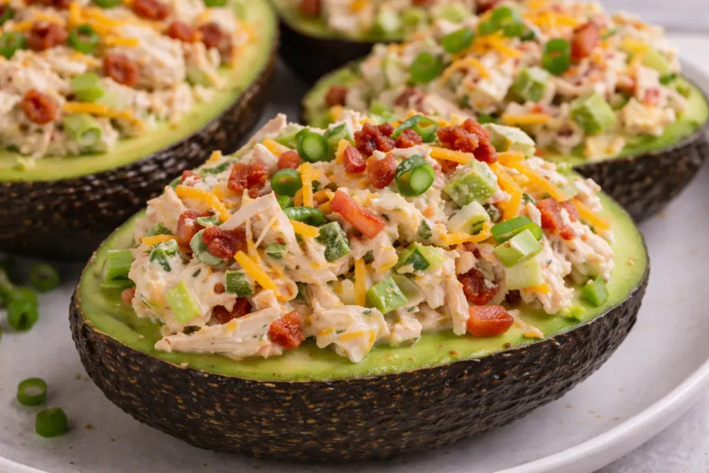 Avocado halves with creamy chicken salad