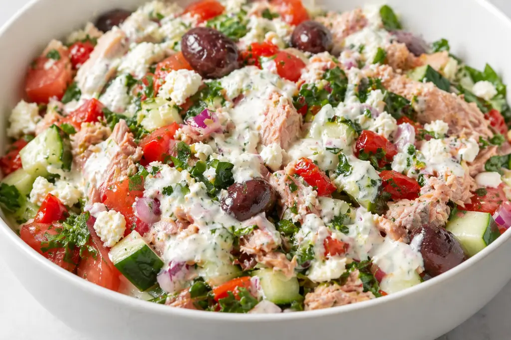 Finished Mediterranean Tuna Salad with Creamy Feta Dressing