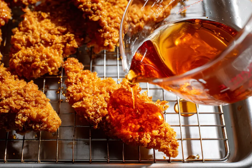Crispy Hot Honey Chicken Tenders (Fried, Air Fried, Baked) 8 Drizzle hot honey sauce over chicken tenders