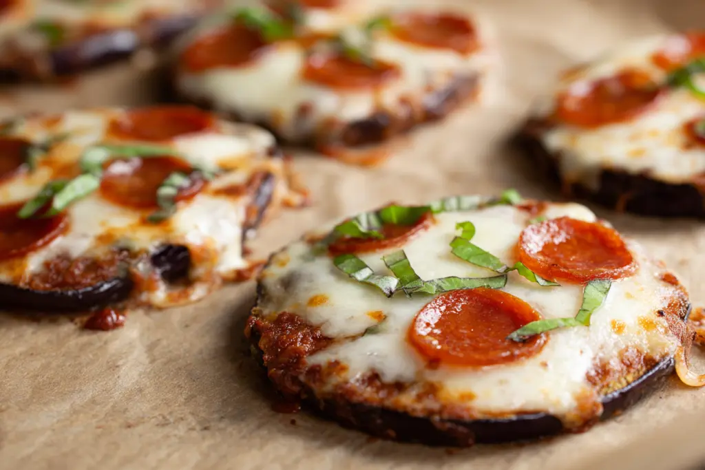 baked low carb eggplant pizza on tray