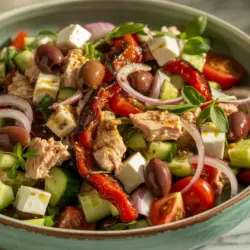 Mediterranean Tuna Salad with Creamy Feta Dressing recipe card