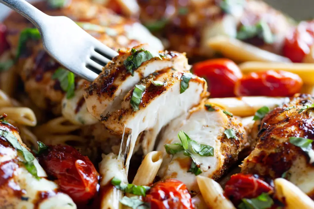 baked caprese chicken served with pasta
