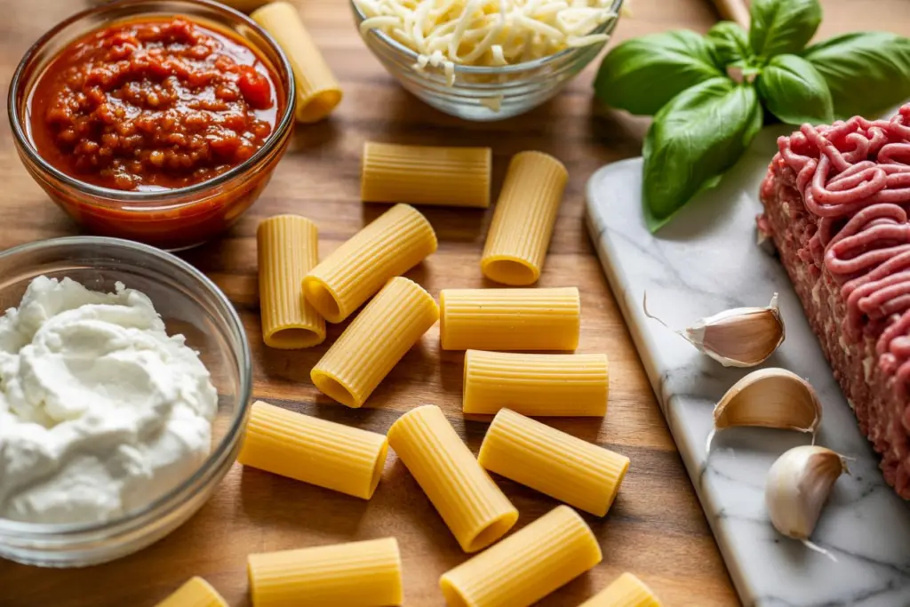 baked rigatoni ingredients laid out for cooking