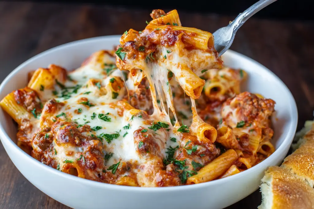 baked rigatoni served with garnish
