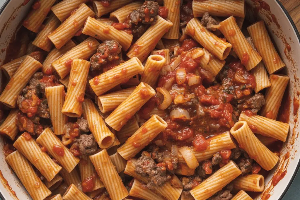 mixing baked rigatoni pasta and sauce