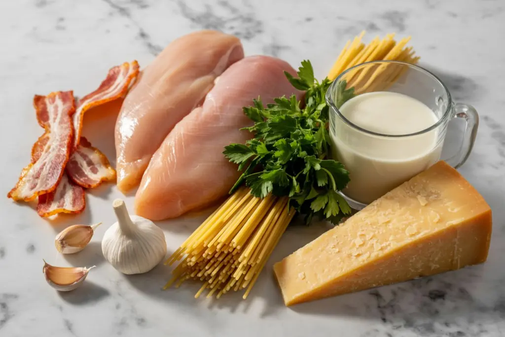 Creamy Chicken and Bacon Pasta Recipe 2 chicken and bacon pasta ingredients fresh and ready