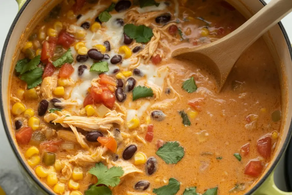 Creamy chicken enchilada soup in one pot ready to be served