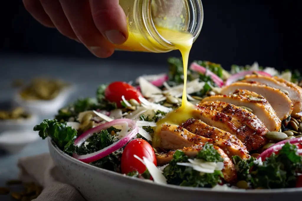 tossed chicken kale salad with dressing
