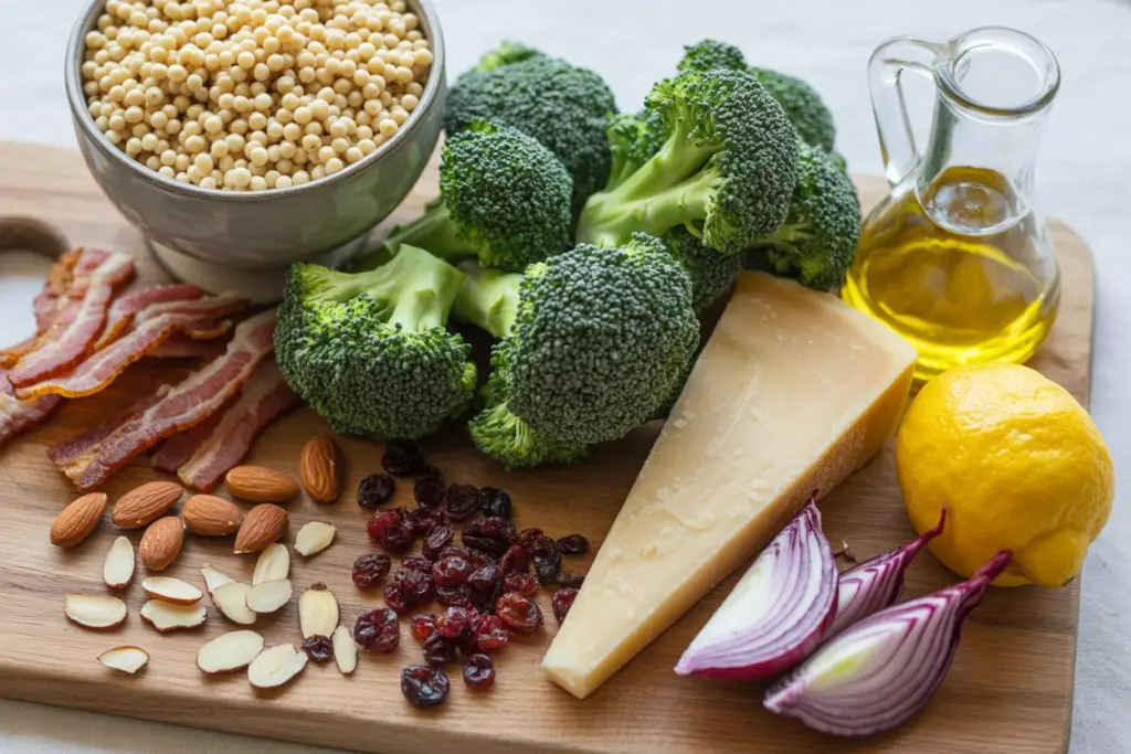 ingredients for chopped broccoli pearl crunch salad recipe