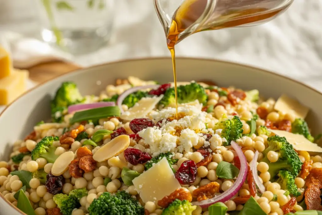 mixing chopped broccoli pearl crunch salad