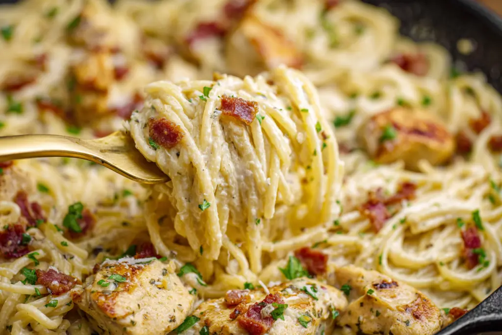 Creamy Chicken and Bacon Pasta Recipe 5 finished chicken and bacon pasta in skillet