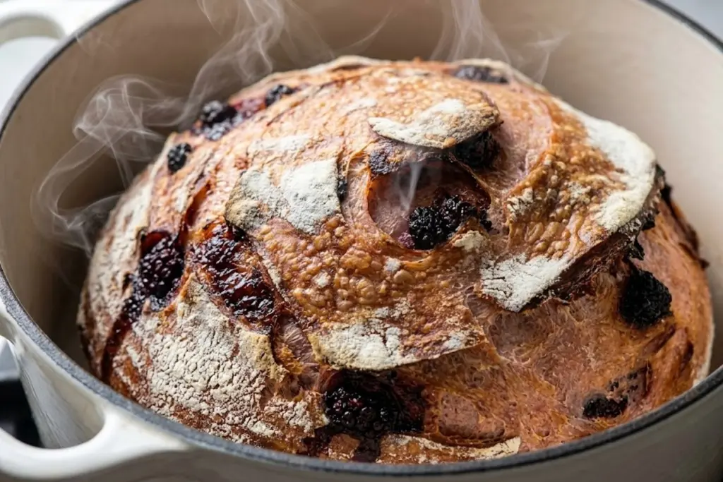 baked jam swirl sourdough in dutch oven