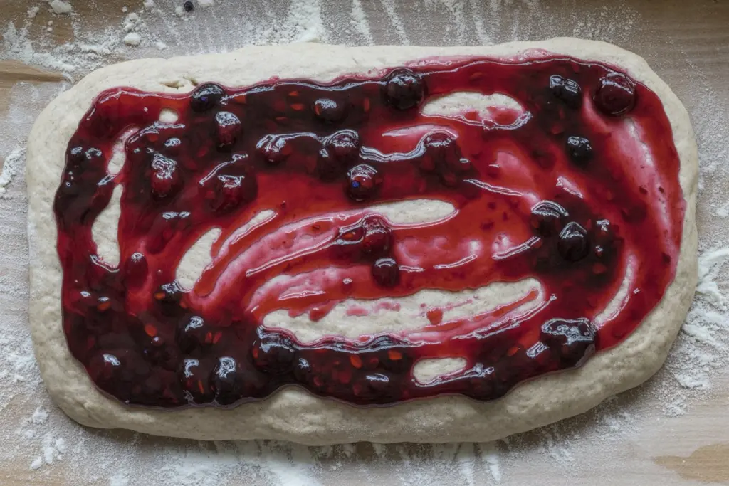 shaping jam swirl sourdough dough with berry filling