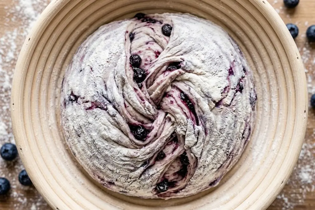 shaping jam swirl sourdough dough with berry filling