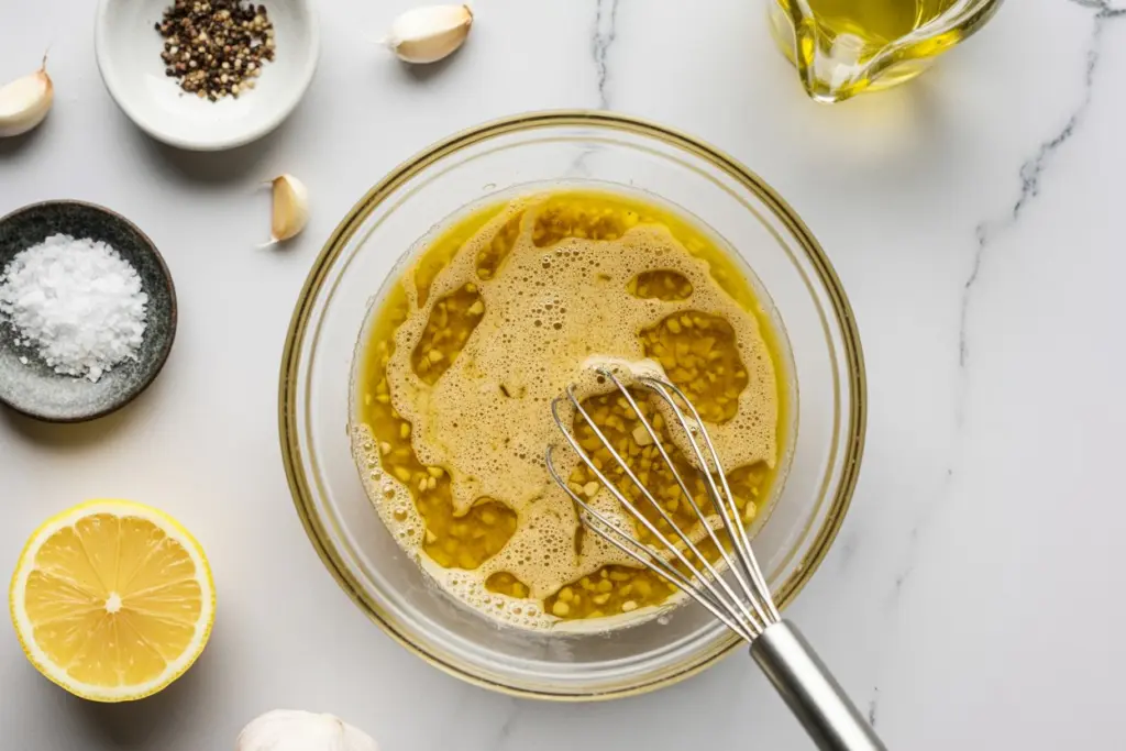 mixing spring vegetable pasta salad dressing 