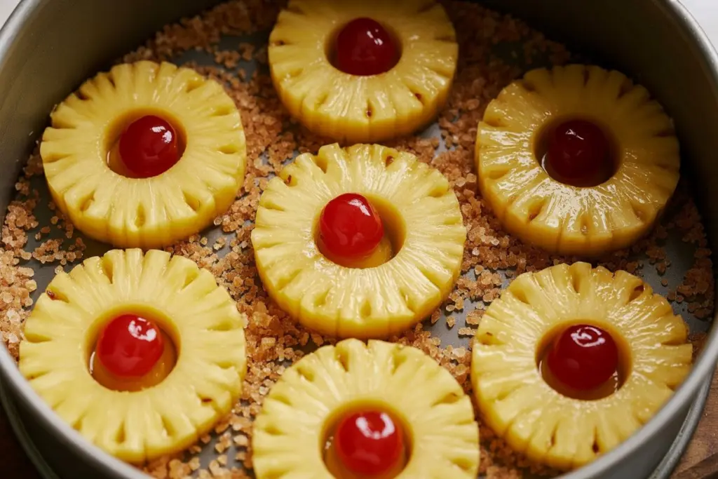 Easy Pineapple Upside Down Cake 5 arranging pineapple for upside down cake