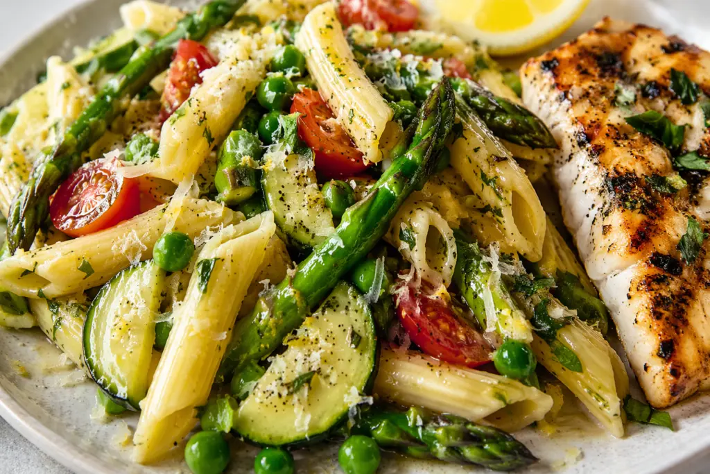 serving spring vegetable pasta salad