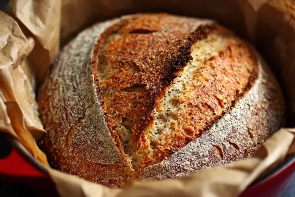 sourdough lemon poppy seed bread in a red Dutch oven