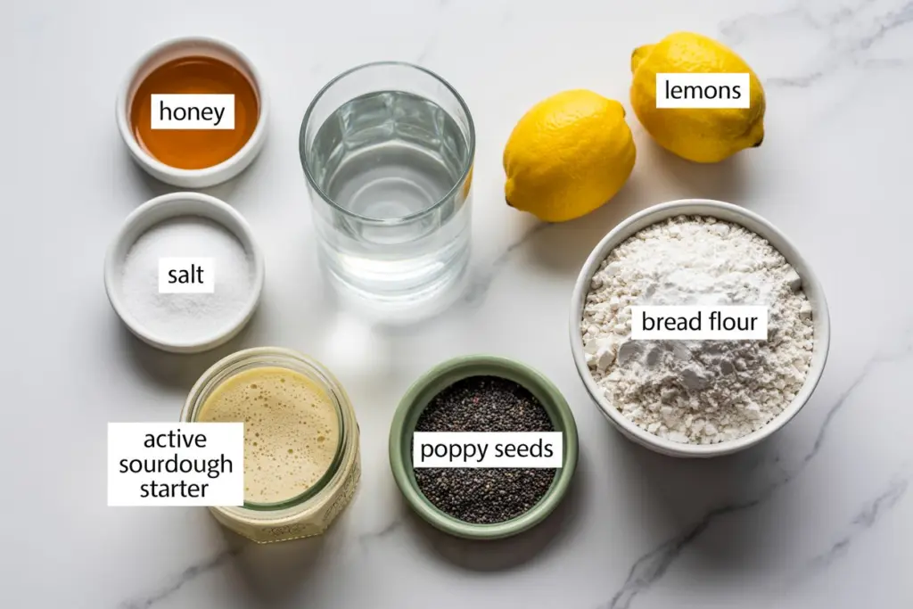 ingredients for sourdough lemon poppy seed bread