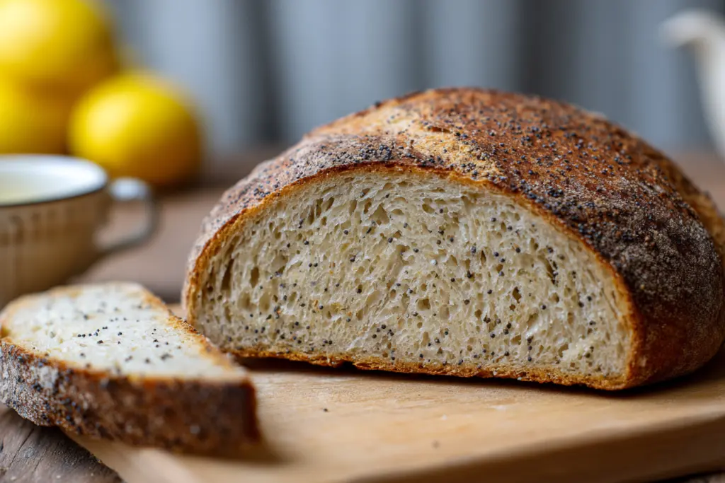 sliced sourdough lemon poppy seed bread serving
