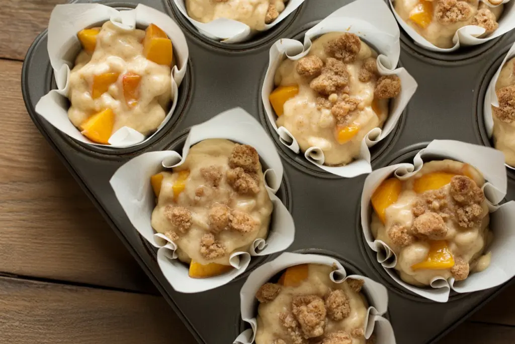 making sourdough peach cobbler muffins