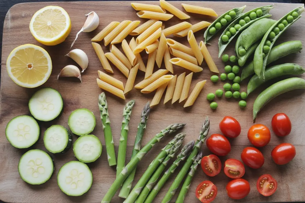 ingredients for spring vegetable pasta salad