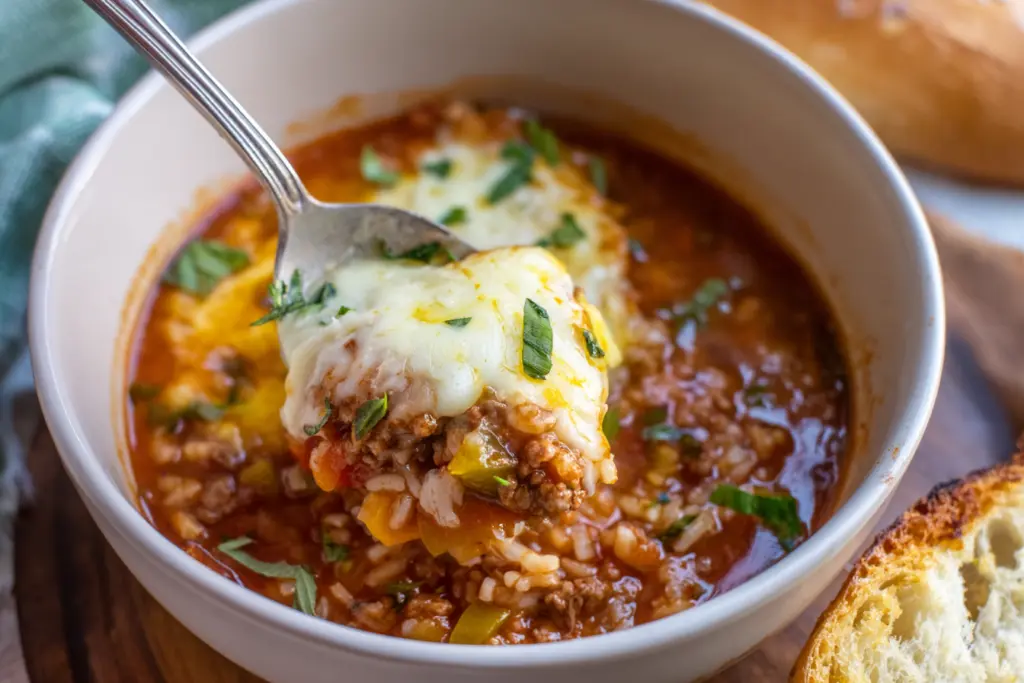 stuffed pepper soup serving with cheese and bread