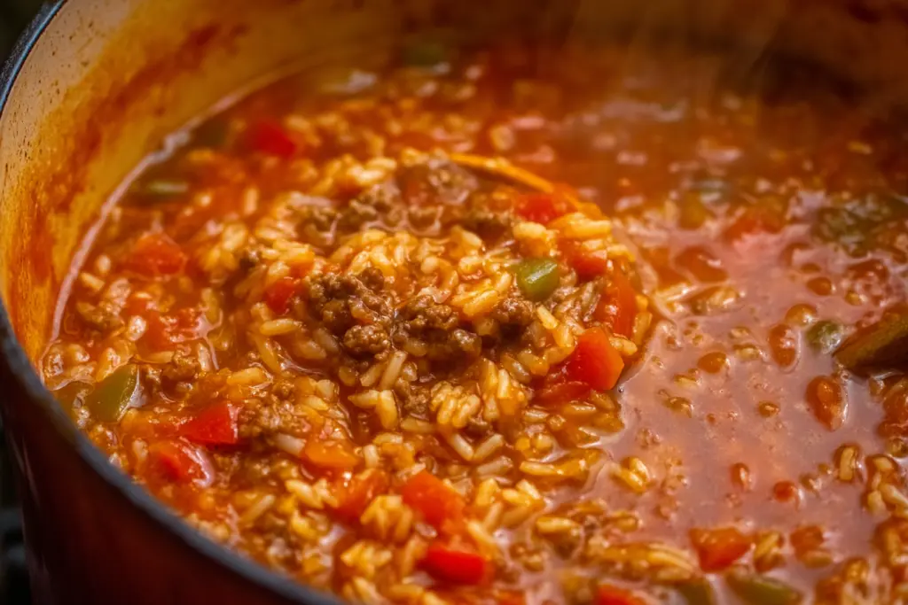 stuffed pepper soup simmering in pot