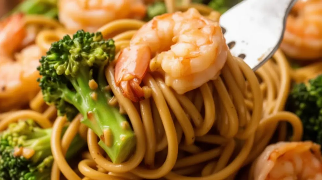  Asian-style shrimp lo mein noodles with broccoli