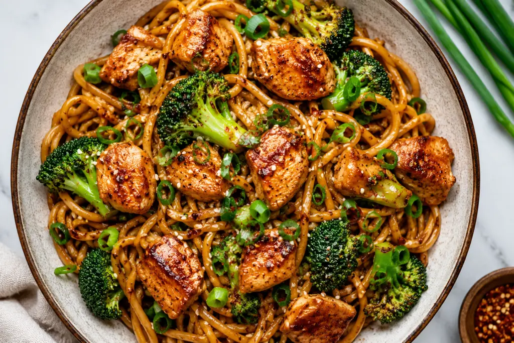 Finished chicken and broccoli noodles bowls served in deep bowl with chopsticks, sesame seeds, green onion garnish,