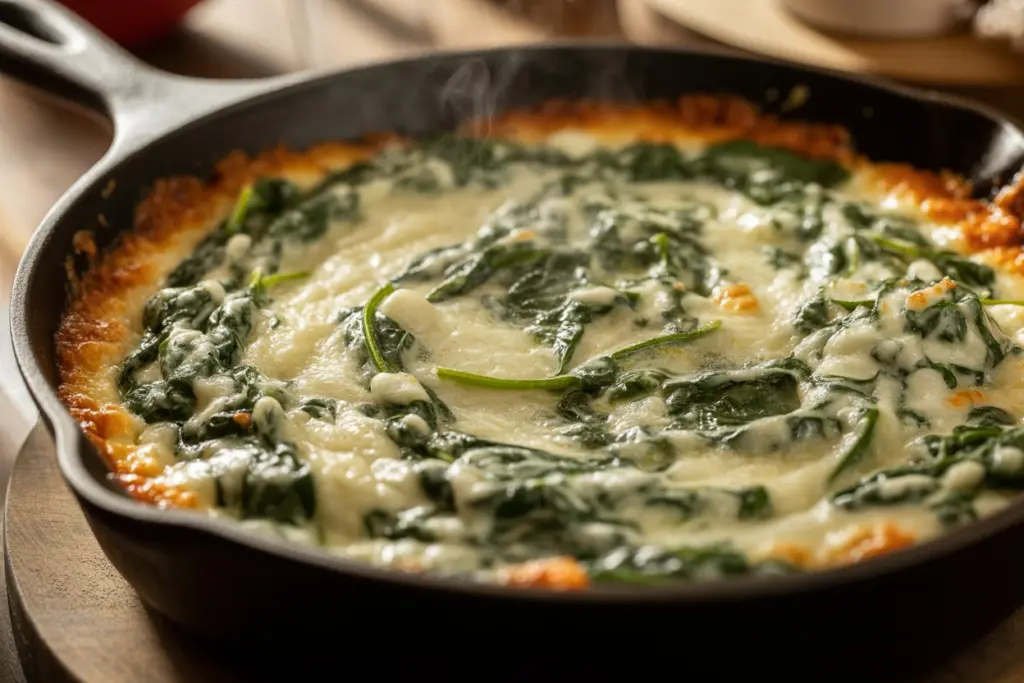Hot spinach dip fresh from the oven with golden cheese