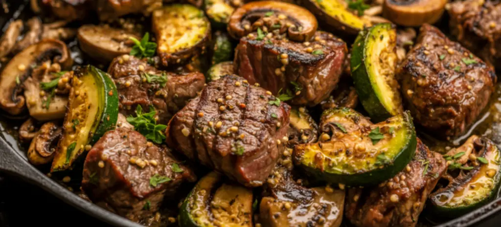 Mushroom, Steak and Zucchini with Garlic Butter Sauce