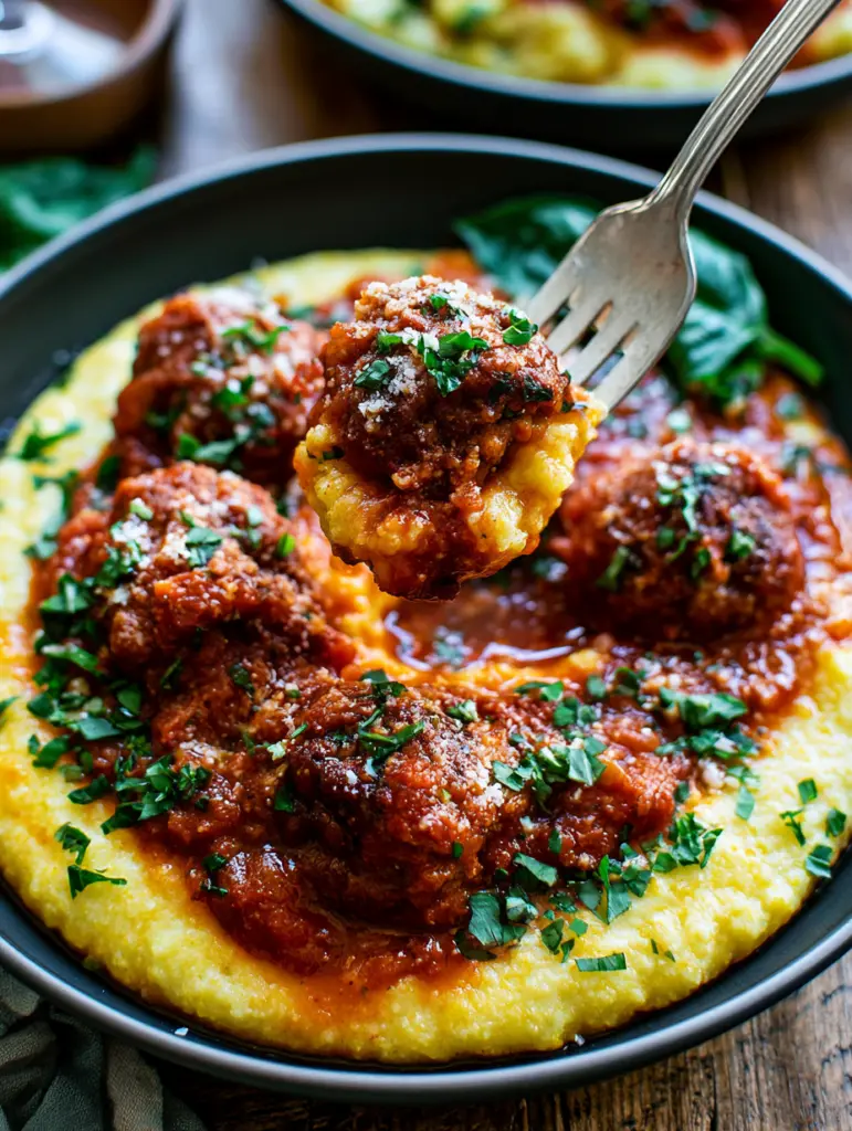 One skillet Sausage Meatballs with Creamy Polenta