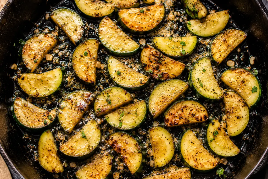 zucchini cooking in garlic butter skillet