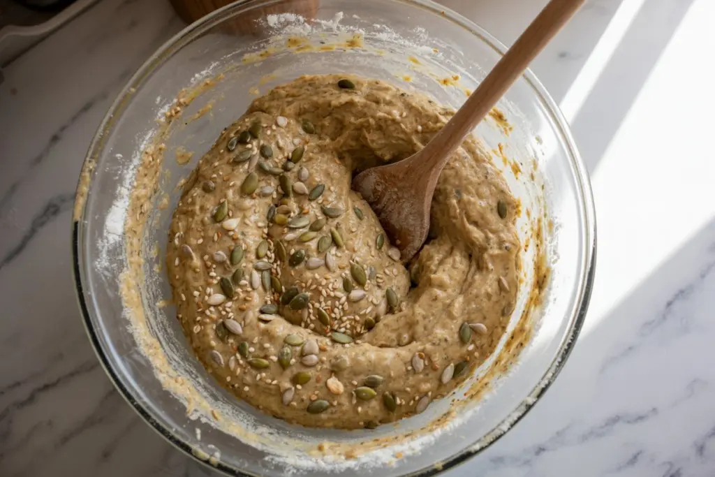 mixing seedy sourdough breakfast bread dough