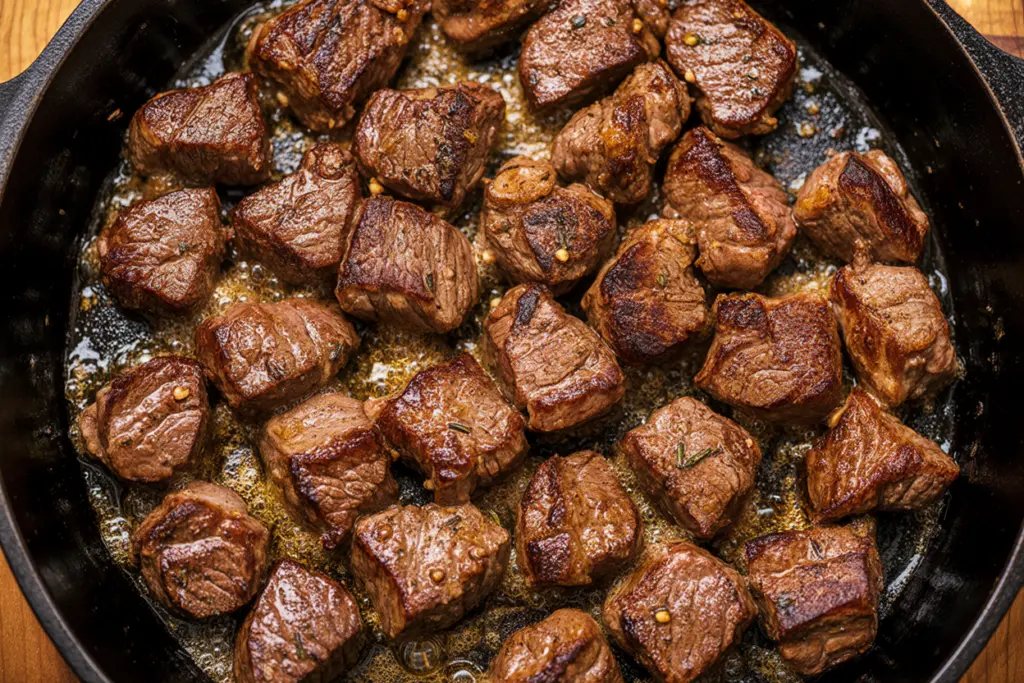 steak bites cooking for garlic butter steak and zucchini