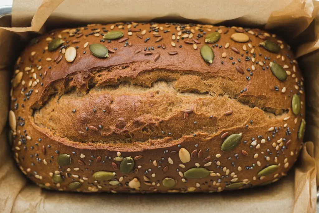 baked seeded sourdough breakfast bread